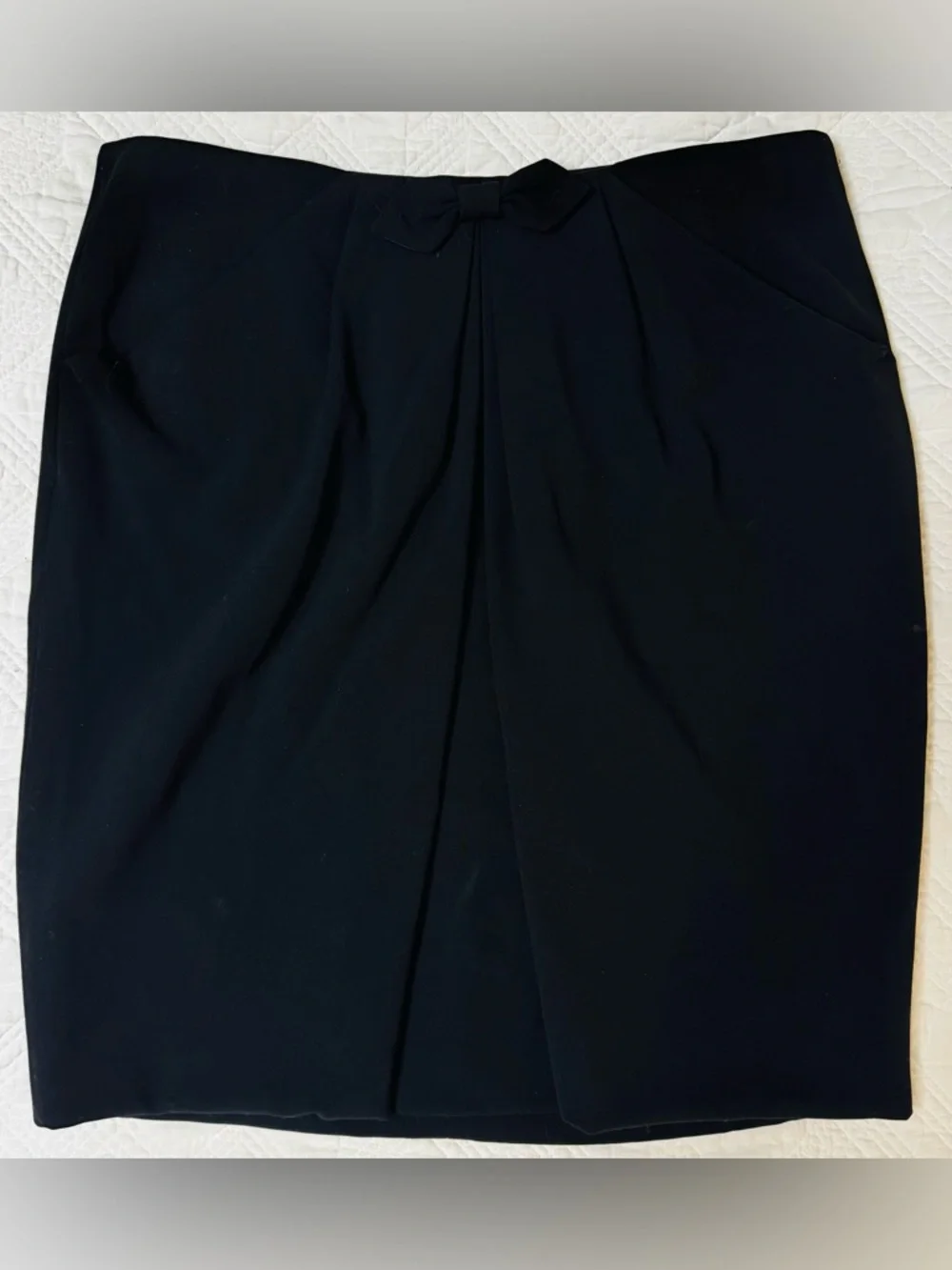 Giorgio Armani Black Wool Pencil Skirt Bow Pleat Italy Size 46 US 14